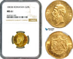 AL718, Romania, Carol I, 20 Lei 1883 B, Bucharest Mint, Gold, NGC MS61
