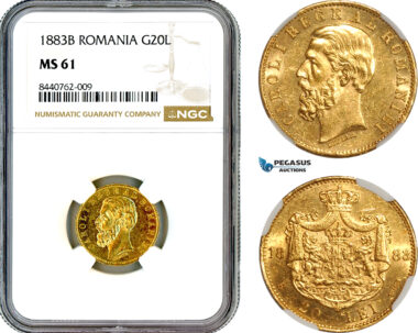 AL718, Romania, Carol I, 20 Lei 1883 B, Bucharest Mint, Gold, NGC MS61