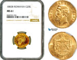 AL719, Romania, Carol I, 20 Lei 1883 B, Bucharest Mint, Gold, NGC MS61
