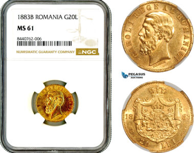 AL719, Romania, Carol I, 20 Lei 1883 B, Bucharest Mint, Gold, NGC MS61
