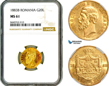 AL720, Romania, Carol I, 20 Lei 1883 B, Bucharest Mint, Gold, NGC MS61