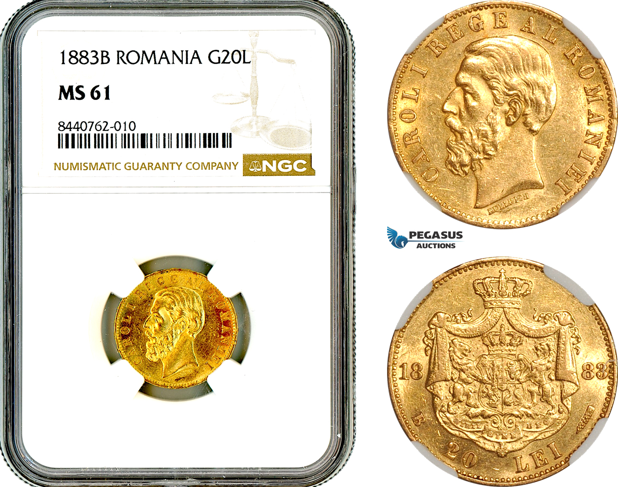 AL720, Romania, Carol I, 20 Lei 1883 B, Bucharest Mint, Gold, NGC MS61
