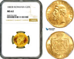 AL721, Romania, Carol I, 20 Lei 1883 B, Bucharest Mint, Gold, NGC MS62
