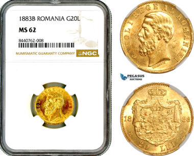 AL721, Romania, Carol I, 20 Lei 1883 B, Bucharest Mint, Gold, NGC MS62