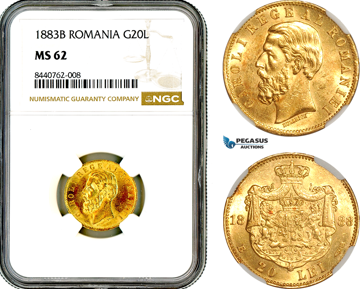 AL721, Romania, Carol I, 20 Lei 1883 B, Bucharest Mint, Gold, NGC MS62