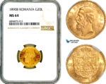 AL722, Romania, Carol I, 20 Lei 1890 B, Bucharest Mint, Gold, NGC MS64