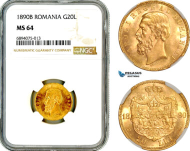 AL722, Romania, Carol I, 20 Lei 1890 B, Bucharest Mint, Gold, NGC MS64