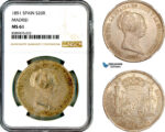 AL723, Spain, Isabella II, 20 Reales 1851, Madrid Mint, Silver, NGC MS61