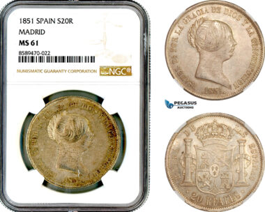 AL723, Spain, Isabella II, 20 Reales 1851, Madrid Mint, Silver, NGC MS61