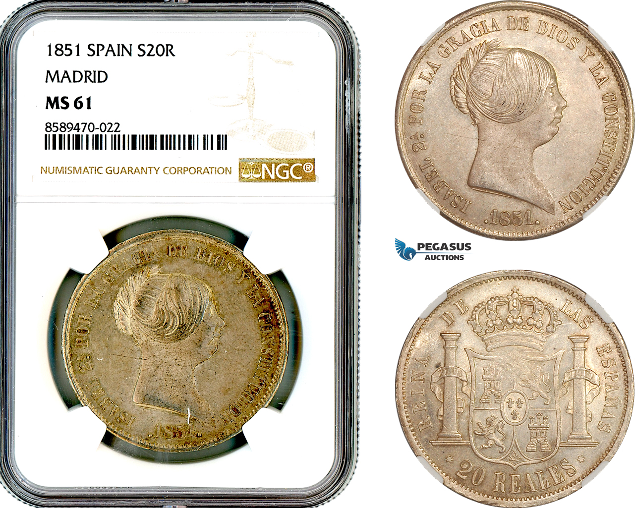 AL723, Spain, Isabella II, 20 Reales 1851, Madrid Mint, Silver, NGC MS61