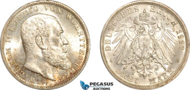 AL730, Germany, Wuerttemberg, Wilhelm II, 3 Mark 1913 F, Stuttgart Mint, Silver, Lightly cleaned, UNC