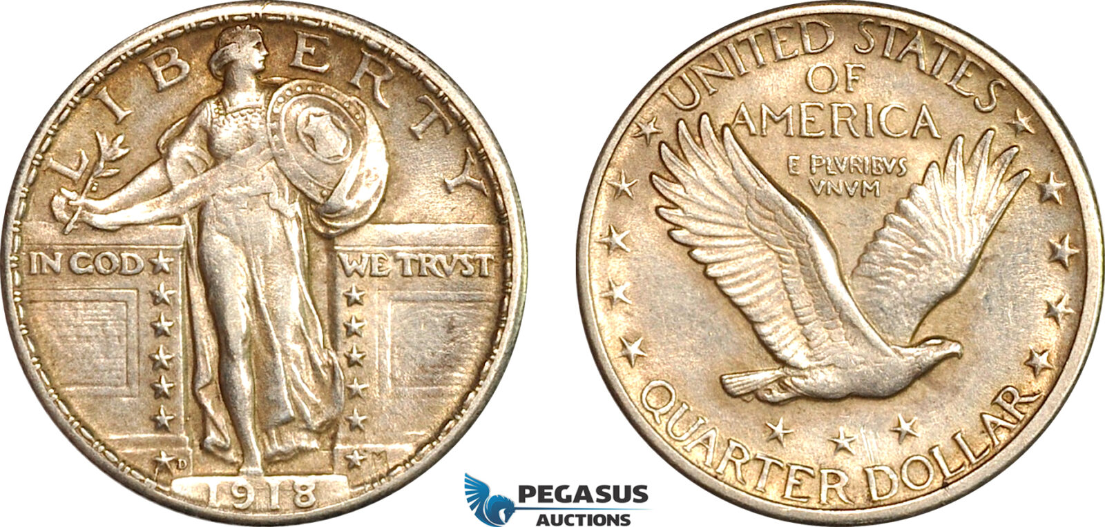 AL733, United States, Standing Liberty Quarter Dollar (25C) 1918 D, Denver Mint, Silver, Lightly cleaned, AU