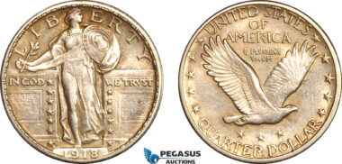AL733, United States, Standing Liberty Quarter Dollar (25C) 1918 D, Denver Mint, Silver, Lightly cleaned, AU