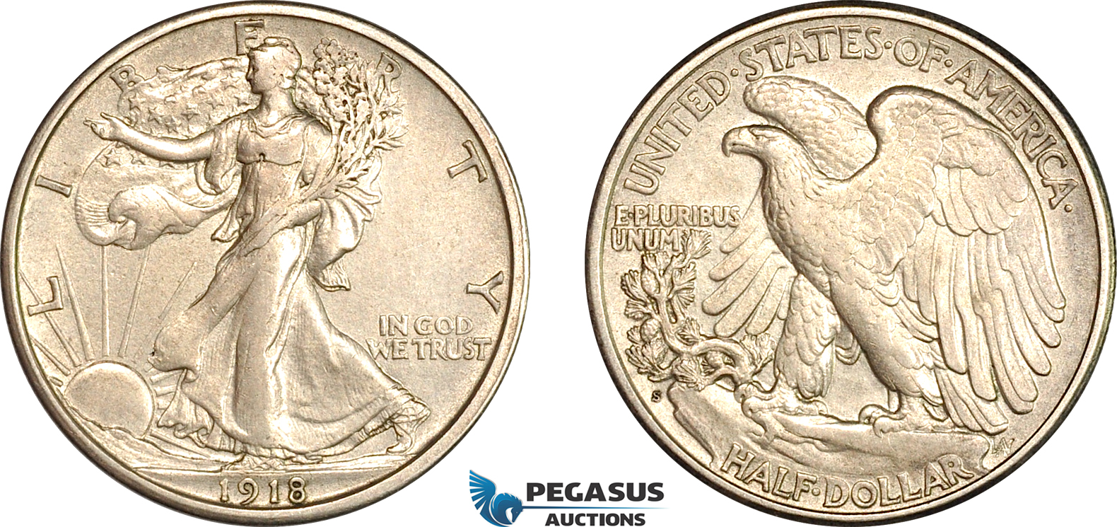 AL734, United States, Walking Liberty Half Dollar (50C) 1918 S, San Francisco Mint, Silver, Lightly cleaned, XF-AU