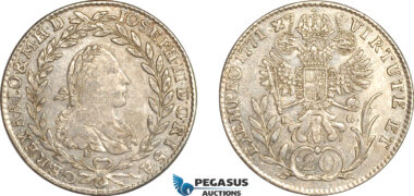 AL737, Austria, Joseph II, 20 Kreuzer 1771 E HG, Karlsburg (Transylvania) Mint, Silver, XF-AU