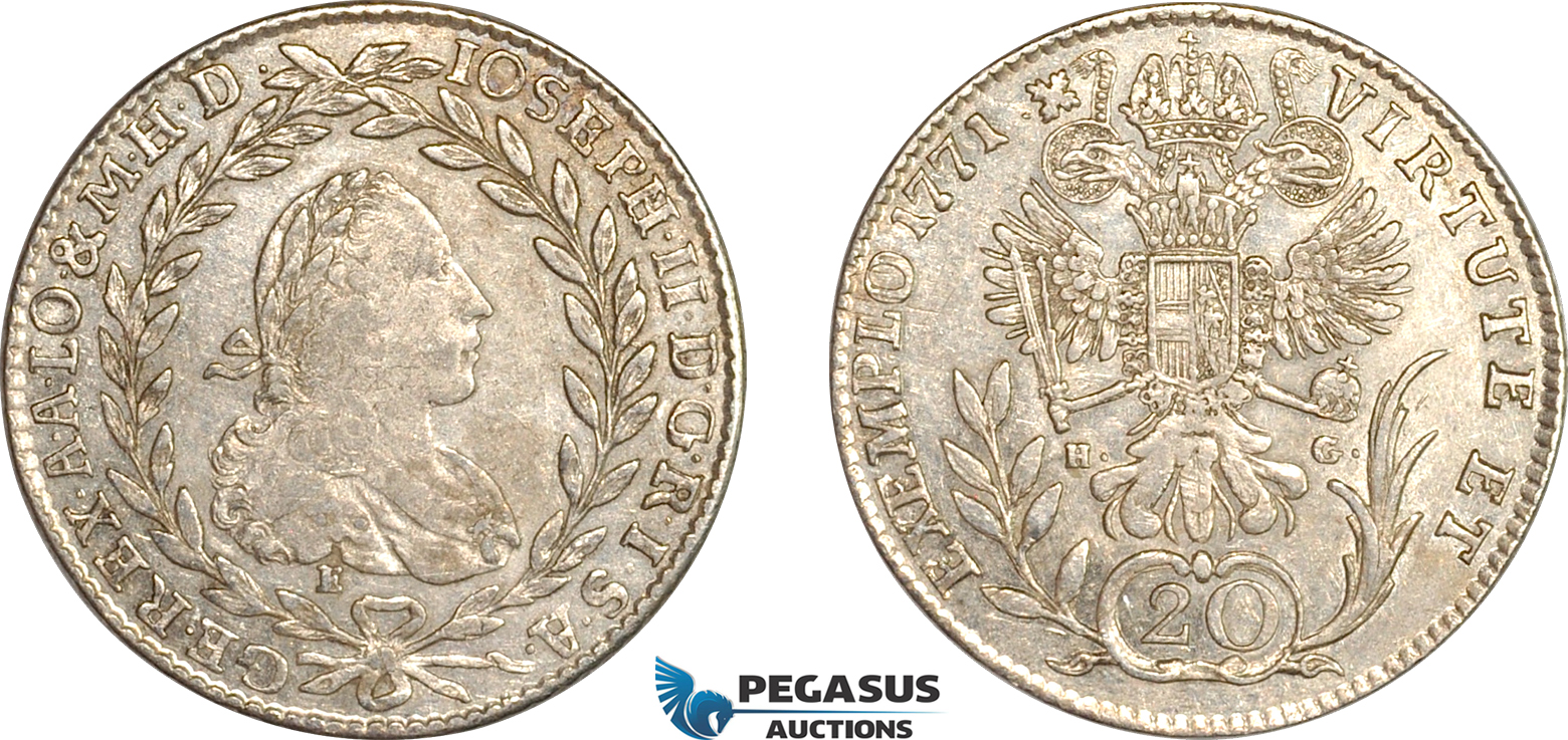 AL737, Austria, Joseph II, 20 Kreuzer 1771 E HG, Karlsburg (Transylvania) Mint, Silver, XF-AU