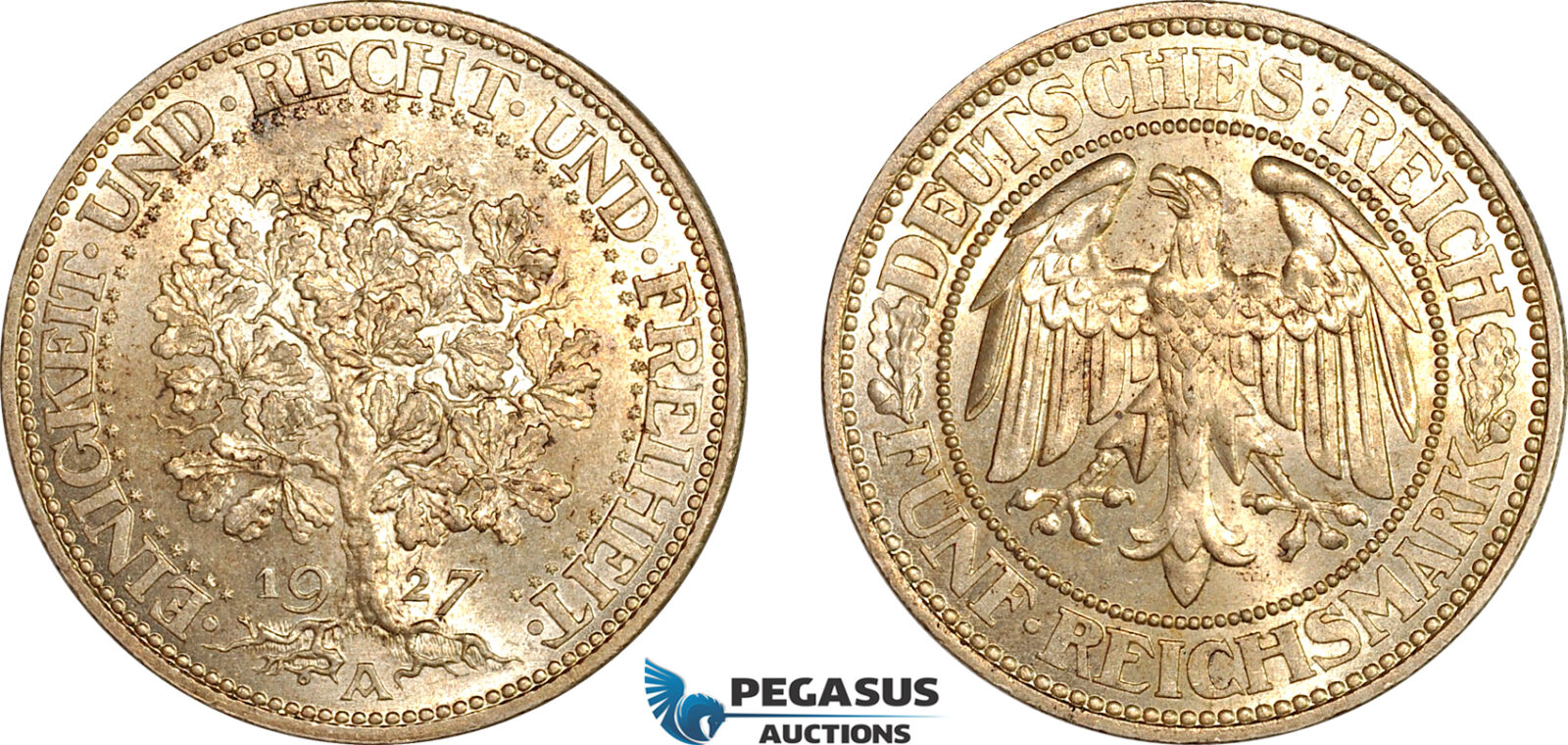 AL742, Germany, Weimar Republic, 5 Reichsmark 1927 A, Berlin Mint, Silver, Lightly cleaned, UNC