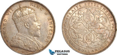 AL752, Straits Settlements, Edward VII, 1 Dollar 1907, London Mint, Silver, Lightly cleaned, AU-UNC