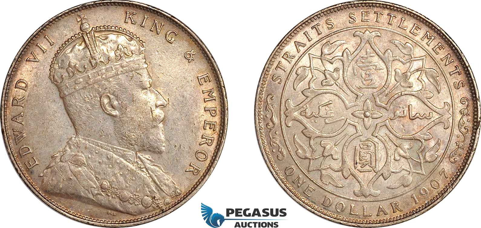 AL752, Straits Settlements, Edward VII, 1 Dollar 1907, London Mint, Silver, Lightly cleaned, AU-UNC