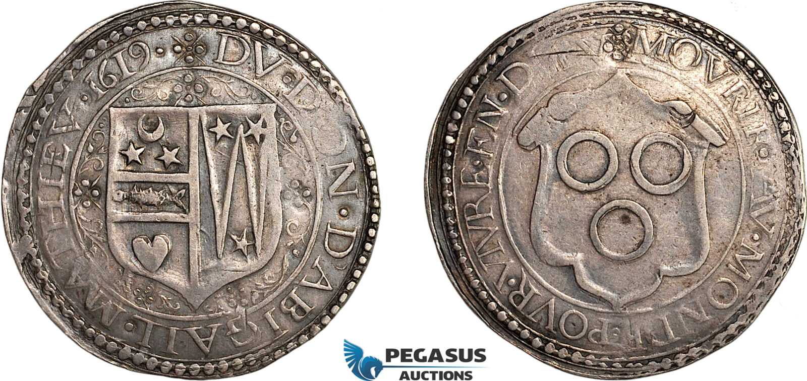 AL760, France, Chalone-sur-Saune, dame Abigail Mathieu, Medalic ½ Ecu (Taler) 1619, Silver (13.9g), Apparently only 4 struck, Lovely old cabinet toning! Exceedingly Rare!
