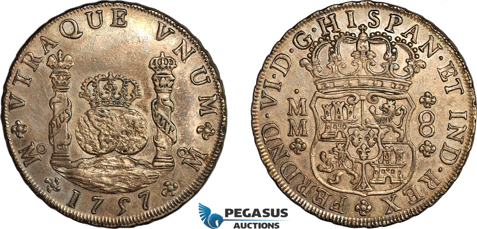 AL763, Mexico, Ferdinand VI, “Pillar” 8 Reales 1757, Mo MM, Mexico City Mint, Silver (27.02g) Toned, AU
