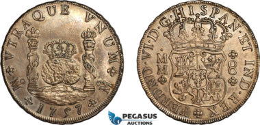 AL763, Mexico, Ferdinand VI, “Pillar” 8 Reales 1757, Mo MM, Mexico City Mint, Silver (27.02g) Toned, AU