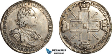 AL764, Russia, Peter I, “Sun” Rouble 1725 СПБ, St. Petersburg Mint, Silver (27.8g) Cleaned and tooled, VF-XF, Rare!
