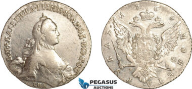 AL767, Russia, Catherine II, Rouble 1765 СПБ ЯI, St. Petersburg Mint, Silver (22.7g) Cleaned, XF-AU