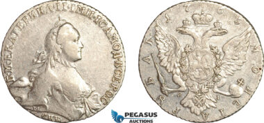 AL768, Russia, Catherine II, Rouble 1765 СПБ ЯI, St. Petersburg Mint, Silver (24.7g) Cleaned, XF-AU