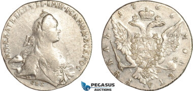 AL769, Russia, Catherine II, Rouble 1766 СПБ АШ, St. Petersburg Mint, Silver (23.5g) Minor scratch, Cleaned, XF-AU