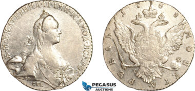 AL771, Russia, Catherine II, Rouble 1768 СПБ СА, St. Petersburg Mint, Silver (23.65g) Cleaned, XF-AU
