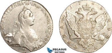 AL772, Russia, Catherine II, Rouble 1768 СПБ СА, St. Petersburg Mint, Silver (25.16g) Cleaned, XF-AU