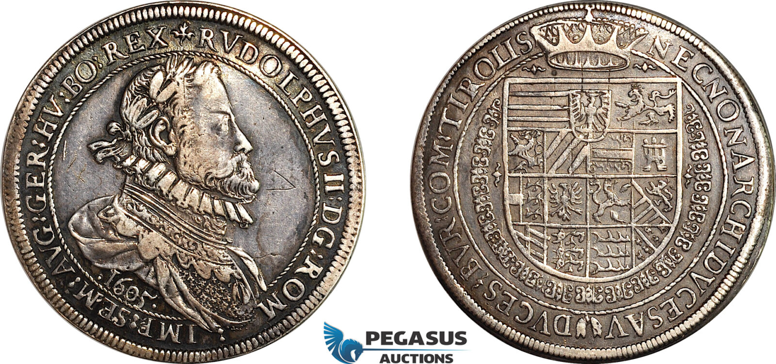 AL780, Austria, Rudolph II, Taler 1605, Hall Mint, Silver (28.3g), Dav-3005, Graffiti, dark toning! AU