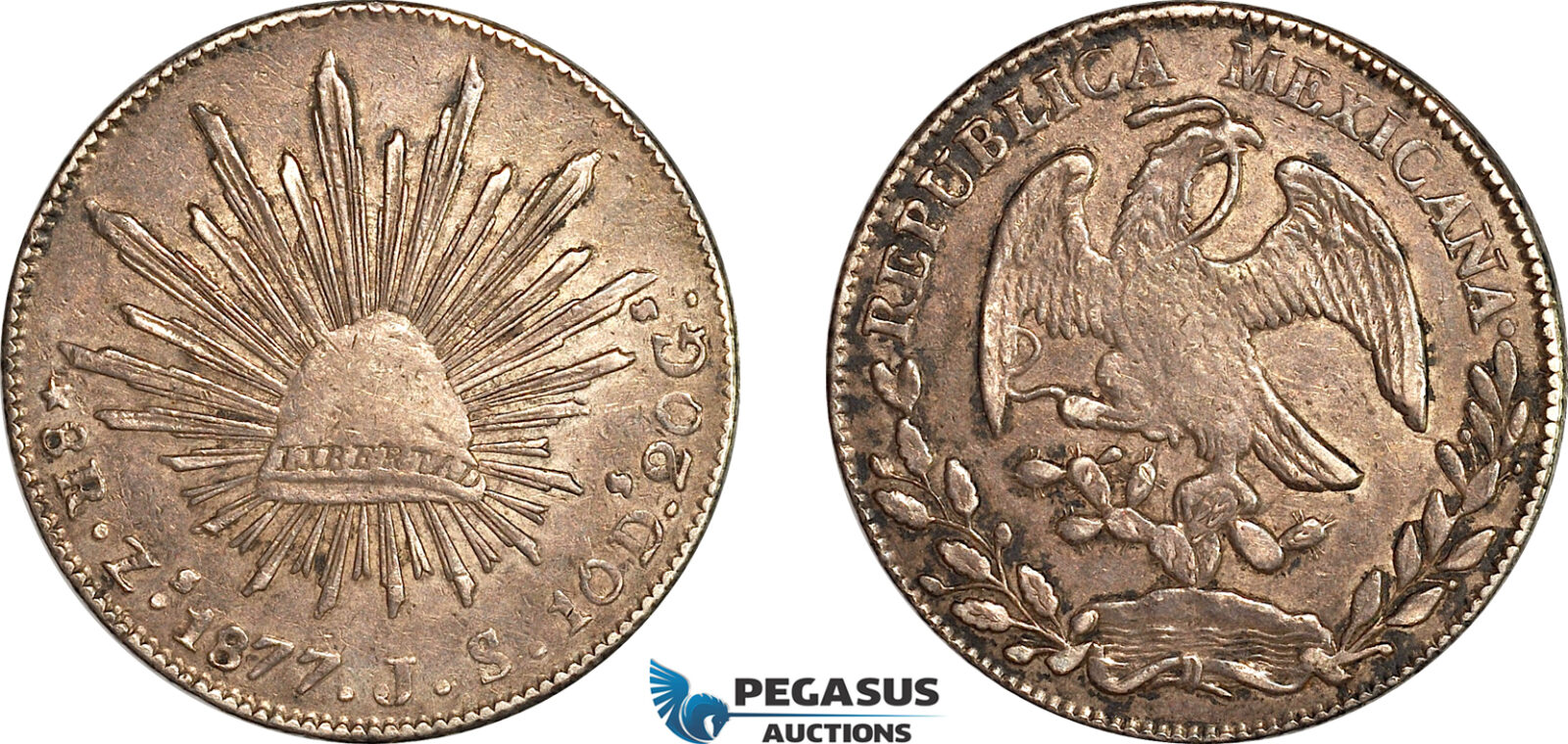 AL785, Mexico, 8 Reales 1877 Zs JS, Zacatecas Mint, Silver, Toned, AU