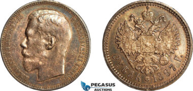 AL787, Russia, Nicholas II, Rouble 1897 (АГ) St. Petersburg, Toned AU