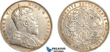 AL789, Straits Settlements, Edward VII, 1 Dollar 1907 H, Heaton Mint, Silver, Lightly cleaned, AU
