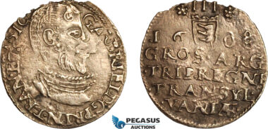 AL790, Transylvania, Gabriel Bathory, 3 Groschen 1608, Silver (1.57g) Flan flaw, XF