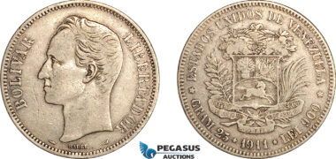 AL792, Venezuela, 1 Bolivar 1911, Paris Mint, Silver, VF