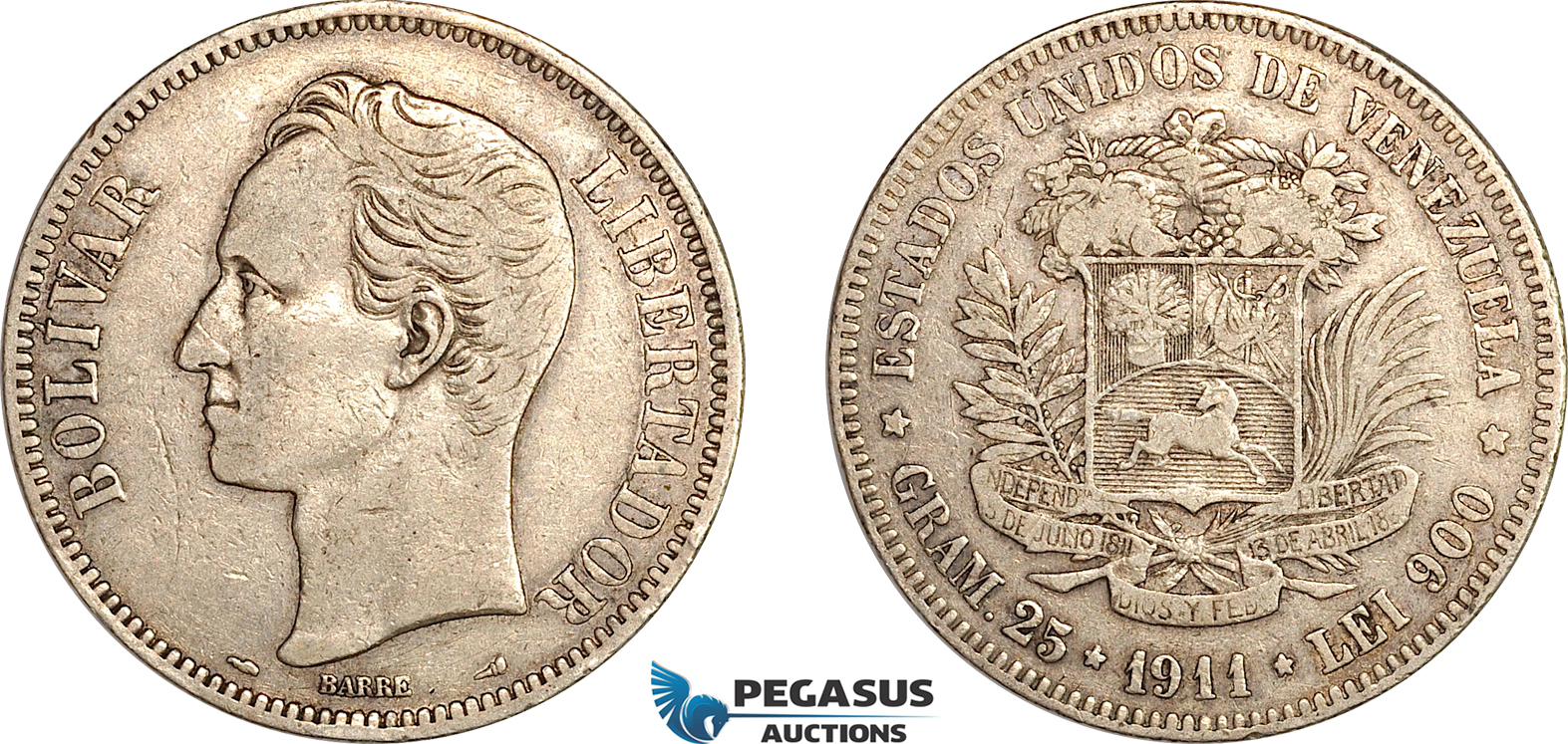 AL792, Venezuela, 1 Bolivar 1911, Paris Mint, Silver, VF