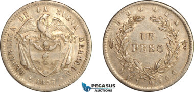 AL795, Colombia, 1 Peso 1857, Bogota Mint, Silver, Some remaining luster! XF
