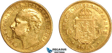 AL796, Bulgaria, Ferdinand I, 10 Leva 1894 KB, Kremnitz Mint, Gold, XF