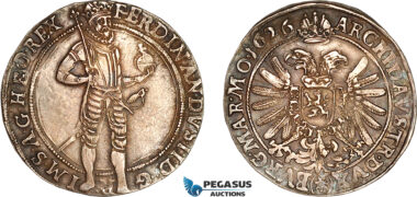 AL797, Austria, Bohemia, Ferdinand II, 1/2 Taler 1626, Kuttenberg Mint, Silver (14.31g), by Sebastian Hölzl, MzA 123, type 801, no records of past sale for this variant! Old cabinet toning, AU, Extremely Rare!