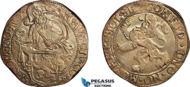 AL798, Italy, Corregio, Camillo D'Austria, Tallero da 70 Soldi (Imitation of a Dutch Leeuwendaalder), 1576 ( Struck between 1597-1605) Silver, (28.36g), Dav-8268, Old cabinet toning, Extremely Rare type and condition, AU-UNC