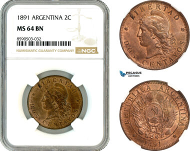 AL806, Argentina, 2 Centavos 1891, NGC MS64BN