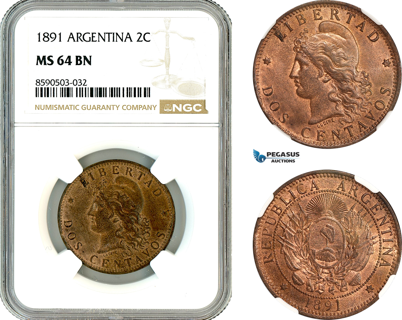AL806, Argentina, 2 Centavos 1891, NGC MS64BN