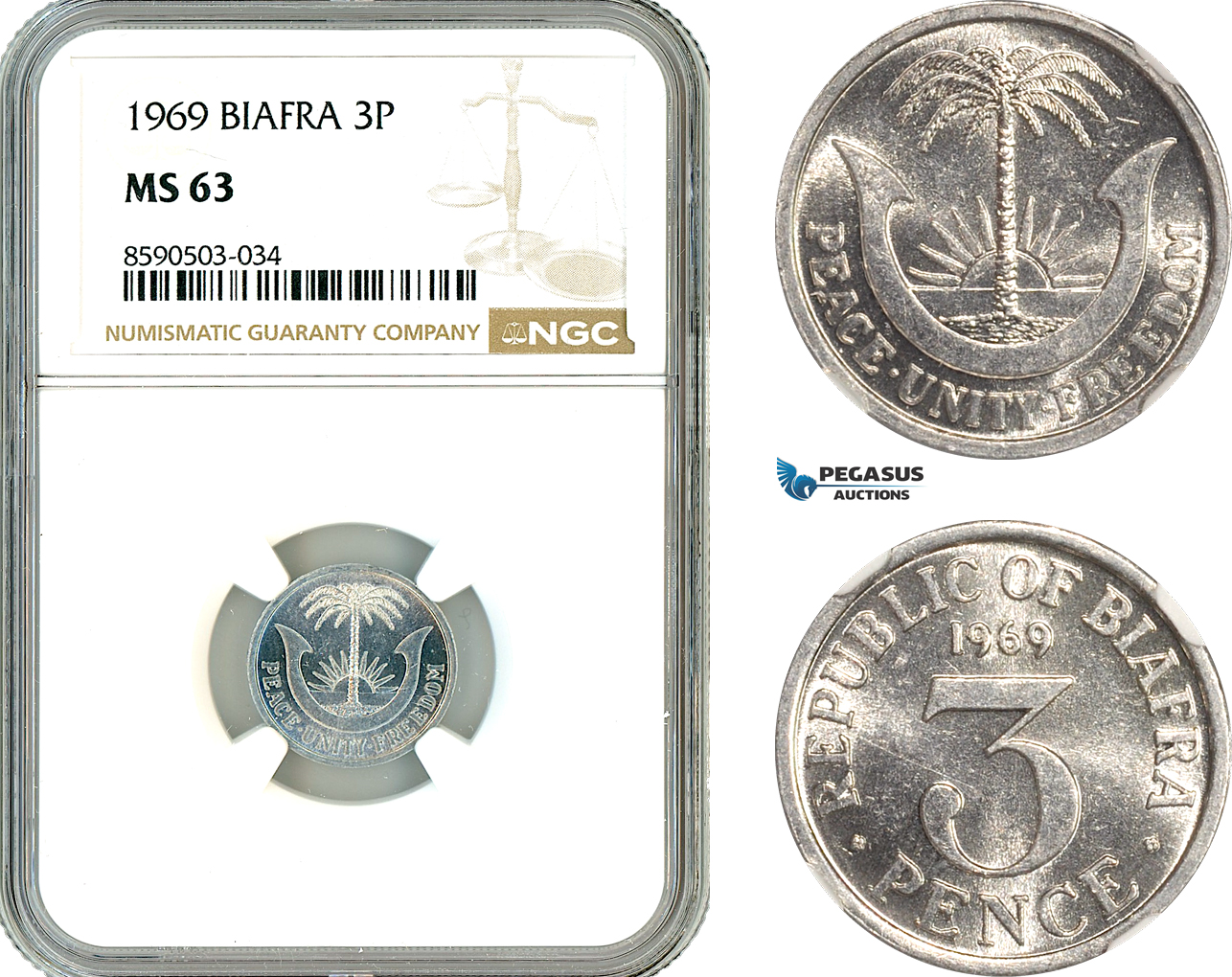 AL808, Biafra, 3 Pence 1969, NGC MS63