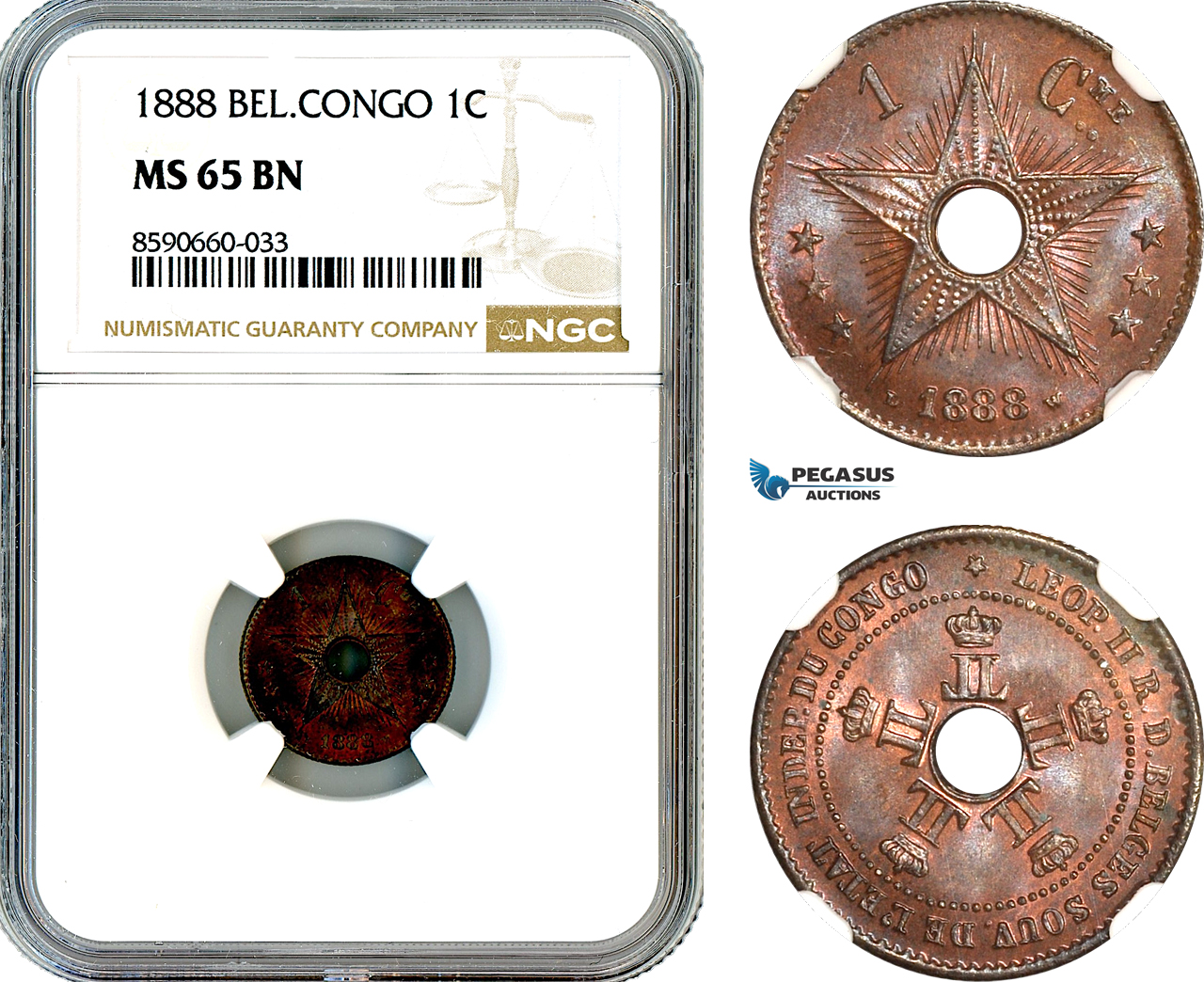 AL809, Belgian Congo, Leopold II, 1 Centime 1888, NGC MS65BN