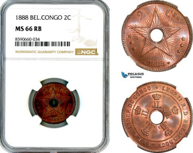 AL810, Belgian Congo, Leopold II, 2 Centimes 1888, NGC MS66RB, Top Pop!