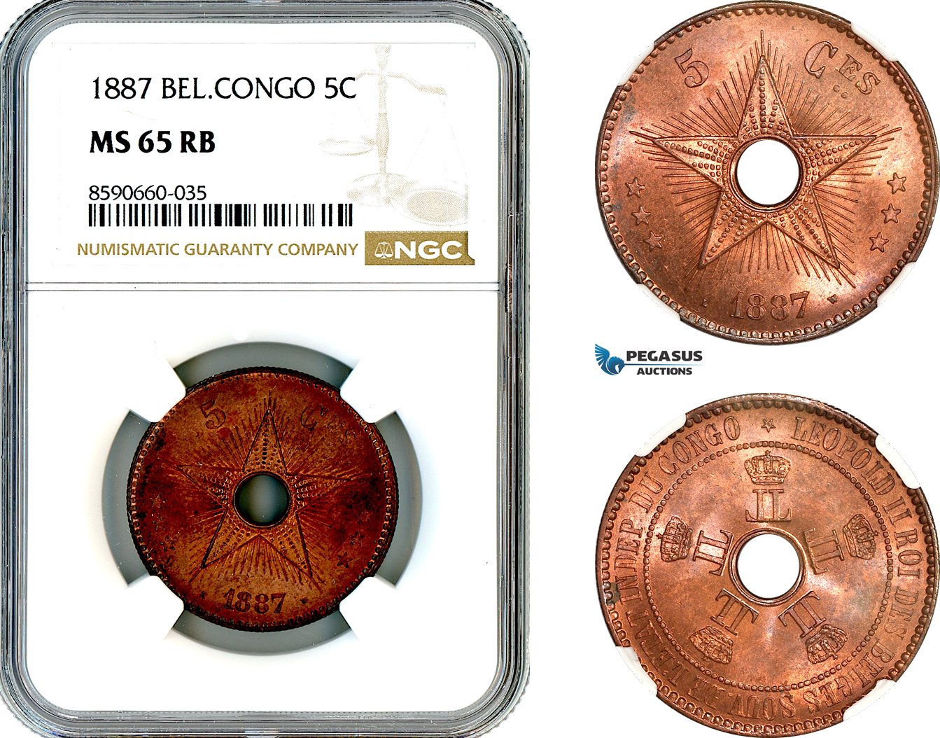 AL811, Belgian Congo, Leopold II, 5 Centimes 1887, NGC MS65RB