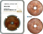 AL812, Belgian Congo, Leopold II, 10 Centimes 1888, NGC MS65BN